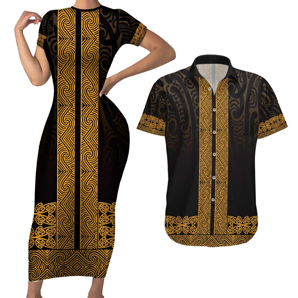 New Zealand Maori Kowhaiwhai Couples Matching Short Sleeve Bodycon Dress and Hawaiian Shirt Karaka Maui and Mangopare