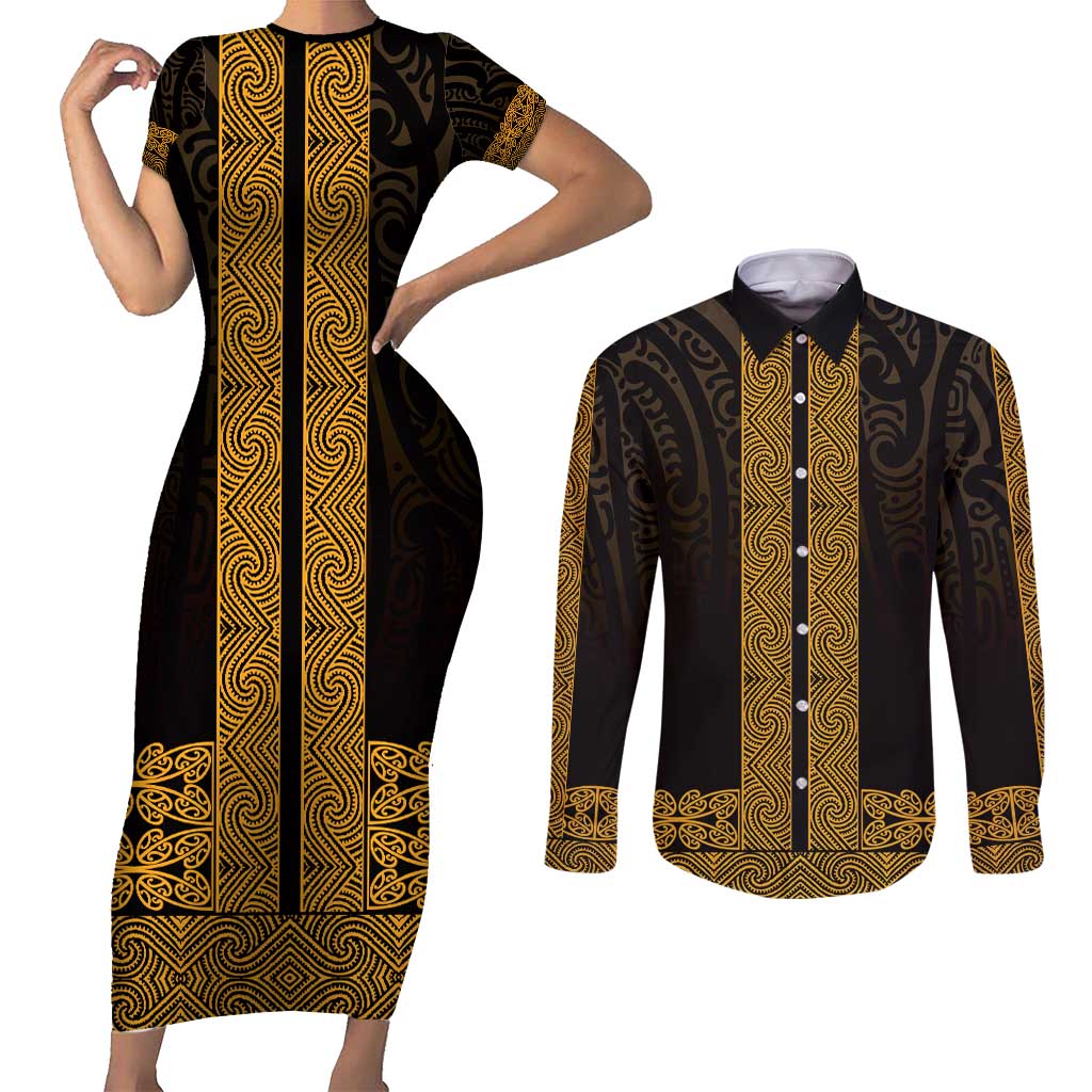 New Zealand Maori Kowhaiwhai Couples Matching Short Sleeve Bodycon Dress and Long Sleeve Button Shirt Karaka Maui and Mangopare LT9 Gold - Polynesian Pride