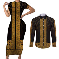 New Zealand Maori Kowhaiwhai Couples Matching Short Sleeve Bodycon Dress and Long Sleeve Button Shirt Karaka Maui and Mangopare LT9 Gold - Polynesian Pride