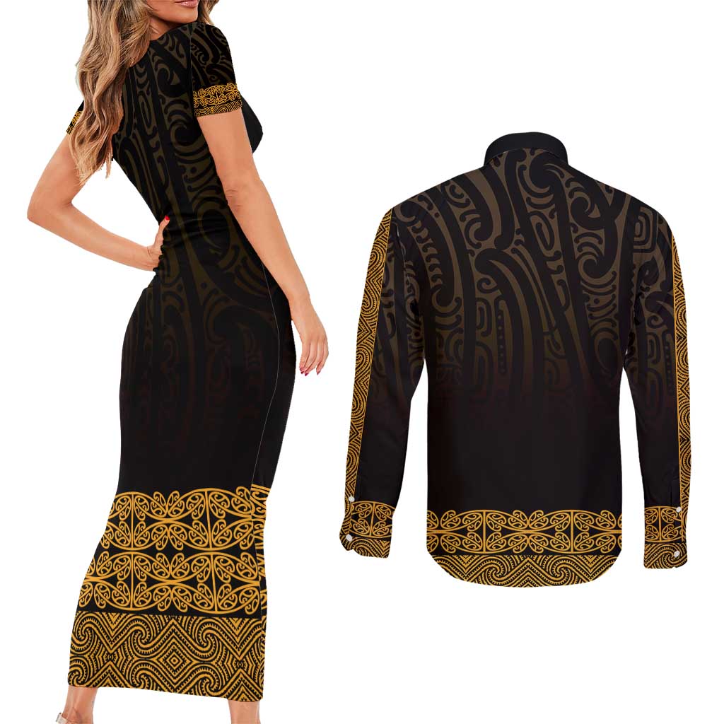 New Zealand Maori Kowhaiwhai Couples Matching Short Sleeve Bodycon Dress and Long Sleeve Button Shirt Karaka Maui and Mangopare LT9 - Polynesian Pride
