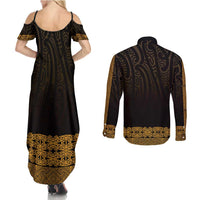 New Zealand Maori Kowhaiwhai Couples Matching Summer Maxi Dress and Long Sleeve Button Shirt Karaka Maui and Mangopare LT9 - Polynesian Pride