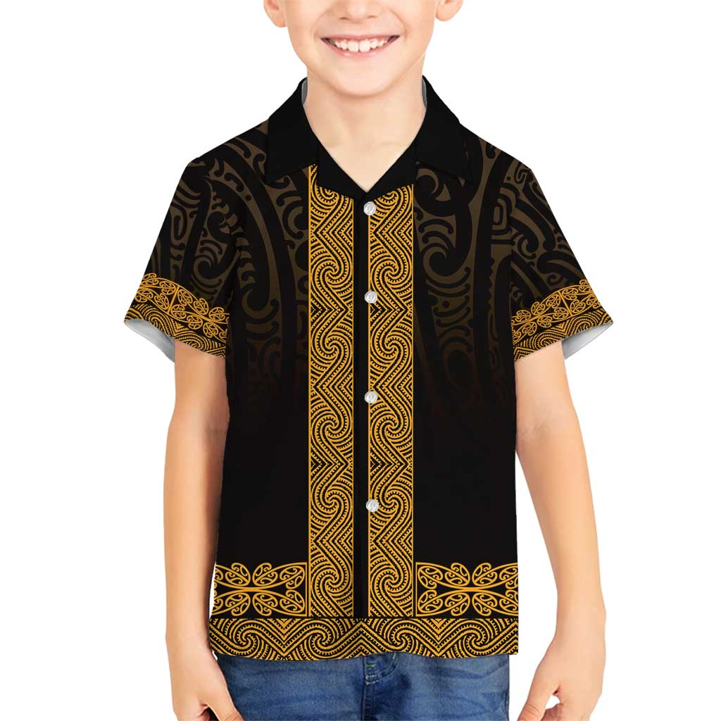 New Zealand Maori Kowhaiwhai Family Matching Puletasi and Hawaiian Shirt Karaka Maui and Mangopare LT9 Son's Shirt Gold - Polynesian Pride