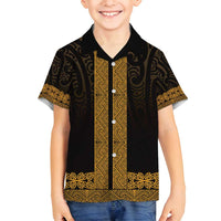 New Zealand Maori Kowhaiwhai Family Matching Puletasi and Hawaiian Shirt Karaka Maui and Mangopare LT9 Son's Shirt Gold - Polynesian Pride