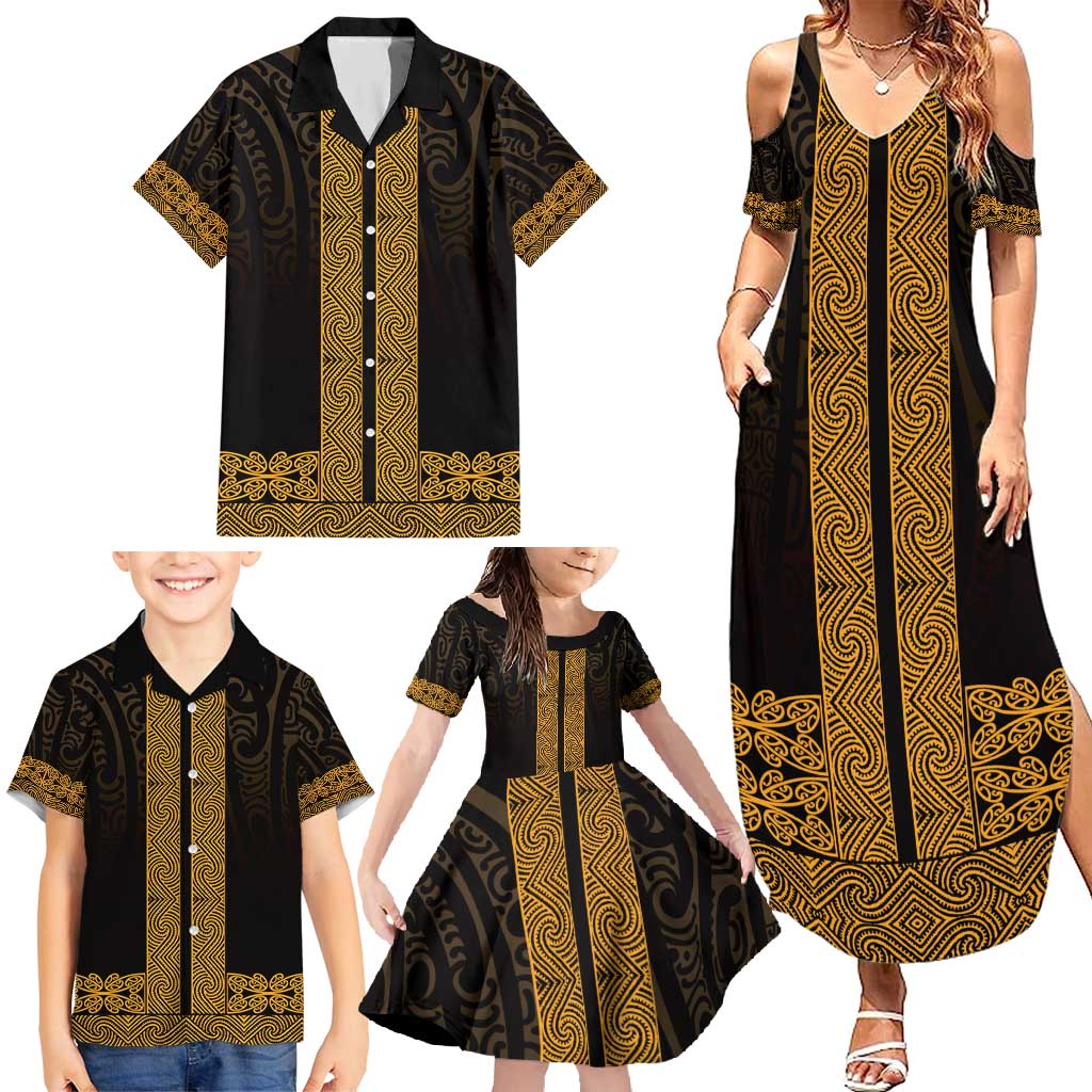 New Zealand Maori Kowhaiwhai Family Matching Summer Maxi Dress and Hawaiian Shirt Karaka Maui and Mangopare
