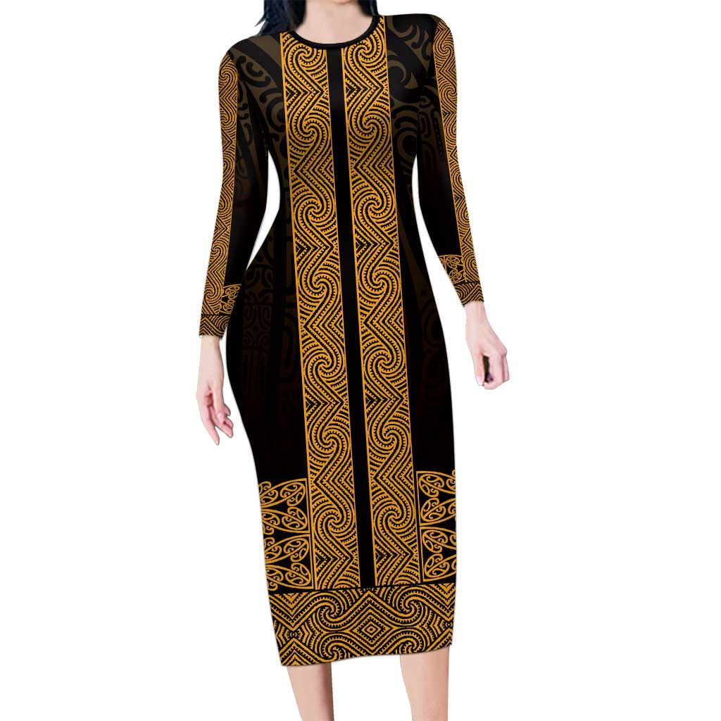 New Zealand Maori Kowhaiwhai Long Sleeve Bodycon Dress Karaka Maui and Mangopare