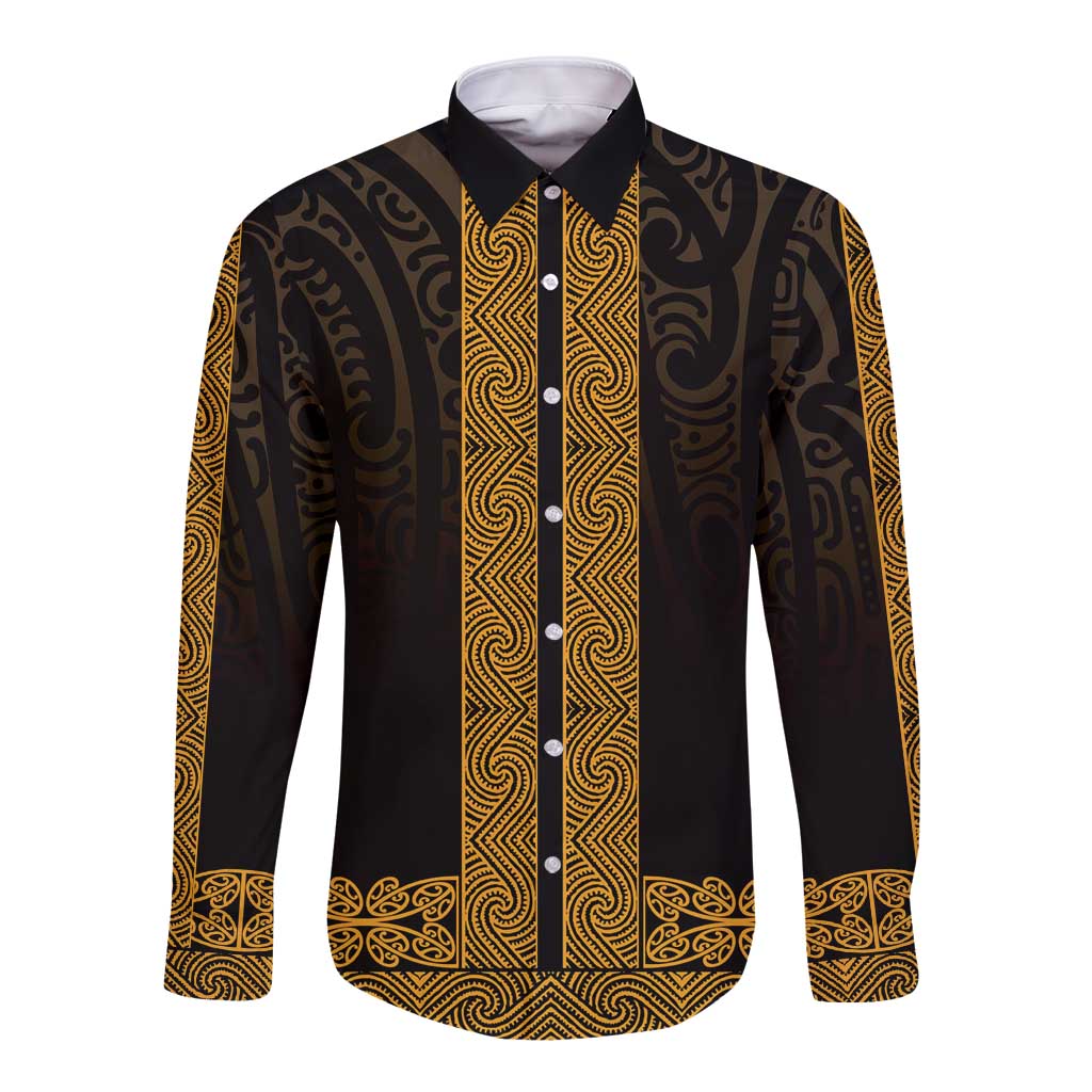 New Zealand Maori Kowhaiwhai Long Sleeve Button Shirt Karaka Maui and Mangopare LT9 Unisex Gold - Polynesian Pride