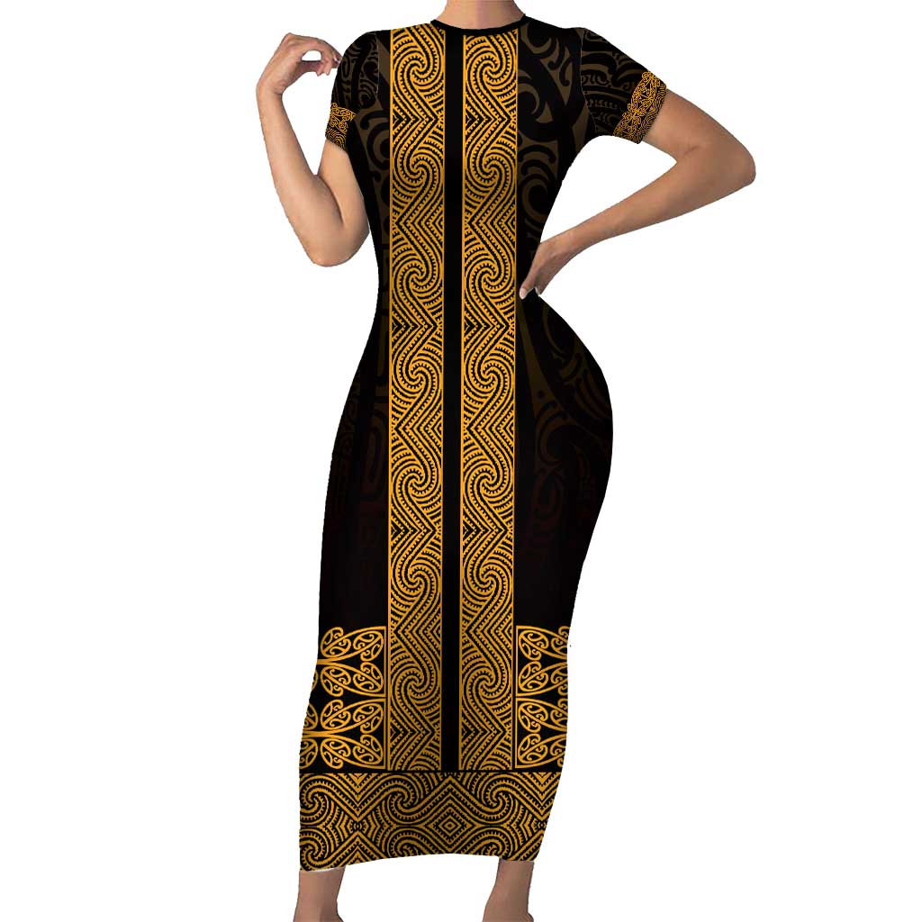 New Zealand Maori Kowhaiwhai Short Sleeve Bodycon Dress Karaka Maui and Mangopare