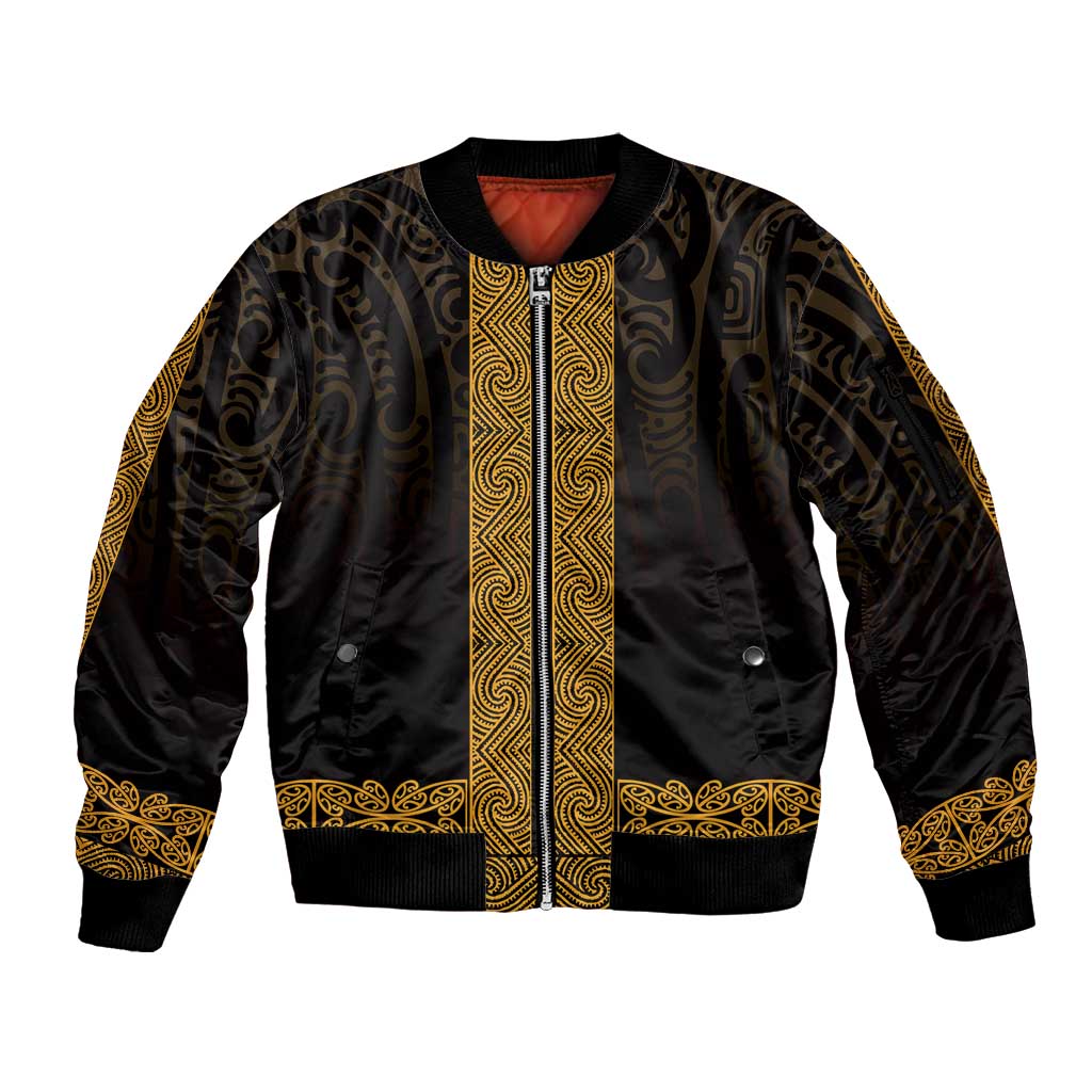 New Zealand Maori Kowhaiwhai Sleeve Zip Bomber Jacket Karaka Maui and Mangopare LT9 Unisex Gold - Polynesian Pride