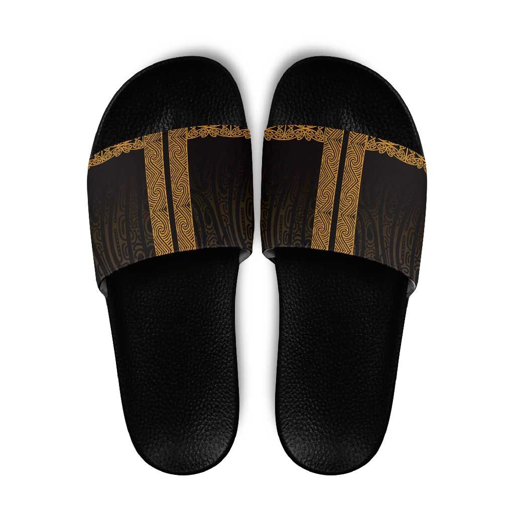 New Zealand Maori Kowhaiwhai Slide Sandals Karaka Maui and Mangopare LT9 Gold - Polynesian Pride