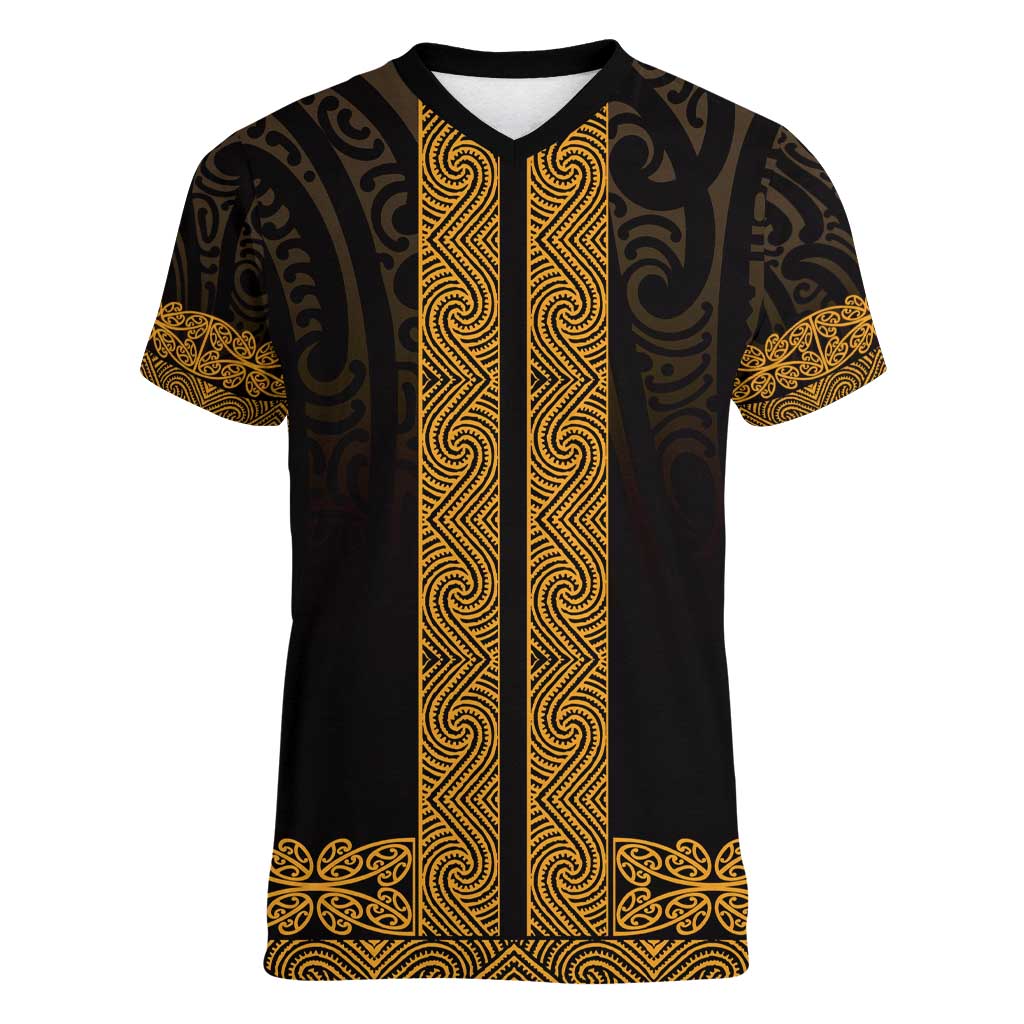New Zealand Maori Kowhaiwhai Women V-Neck T-Shirt Karaka Maui and Mangopare LT9 Female Gold - Polynesian Pride