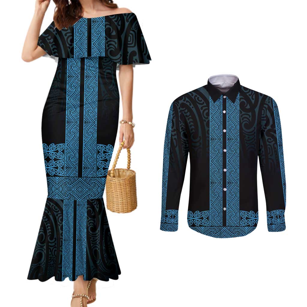 New Zealand Maori Kowhaiwhai Couples Matching Mermaid Dress and Long Sleeve Button Shirt Kikorangi Maui and Mangopare