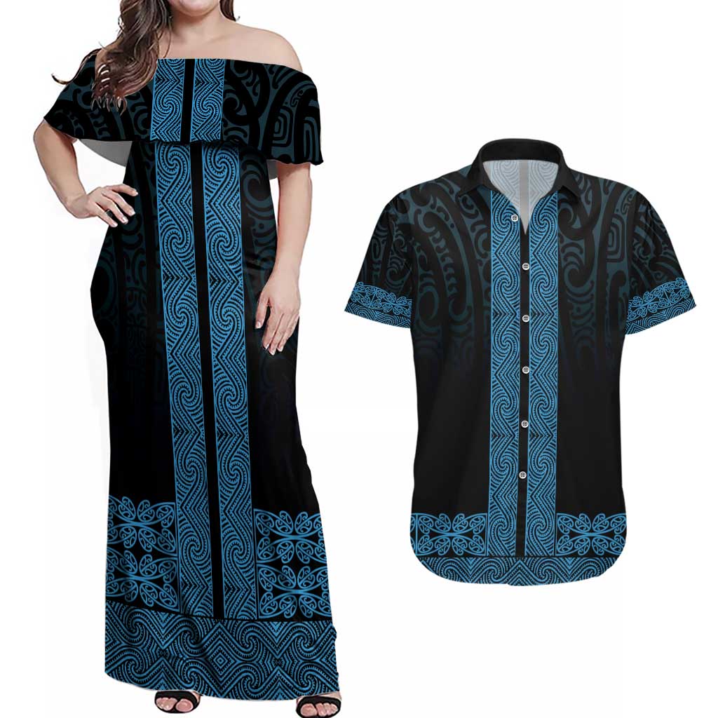 New Zealand Maori Kowhaiwhai Couples Matching Off Shoulder Maxi Dress and Hawaiian Shirt Kikorangi Maui and Mangopare