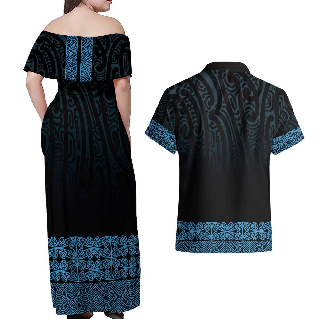 New Zealand Maori Kowhaiwhai Couples Matching Off Shoulder Maxi Dress and Hawaiian Shirt Kikorangi Maui and Mangopare