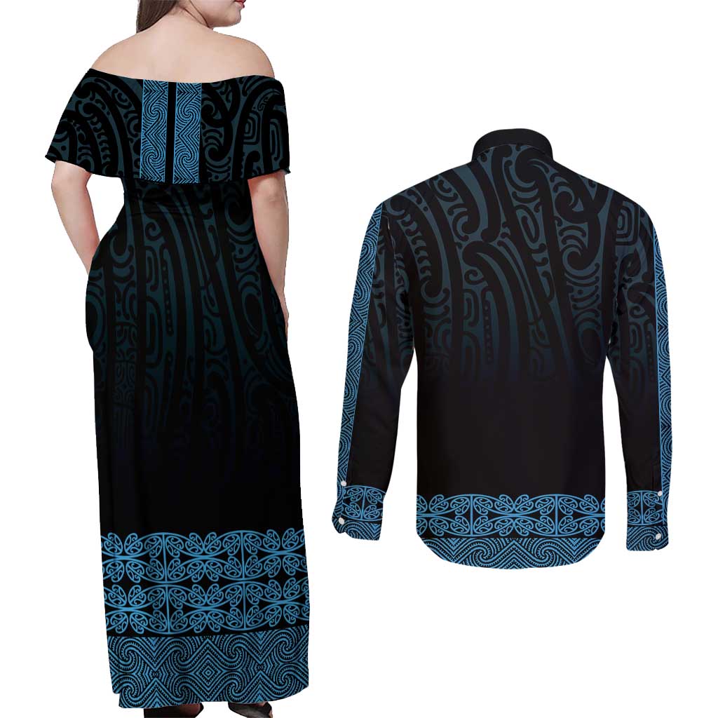 New Zealand Maori Kowhaiwhai Couples Matching Off Shoulder Maxi Dress and Long Sleeve Button Shirt Kikorangi Maui and Mangopare LT9 - Polynesian Pride
