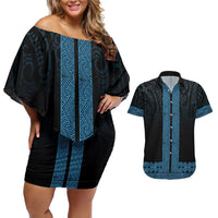 New Zealand Maori Kowhaiwhai Couples Matching Off Shoulder Short Dress and Hawaiian Shirt Kikorangi Maui and Mangopare