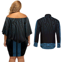 New Zealand Maori Kowhaiwhai Couples Matching Off Shoulder Short Dress and Long Sleeve Button Shirt Kikorangi Maui and Mangopare LT9 - Polynesian Pride