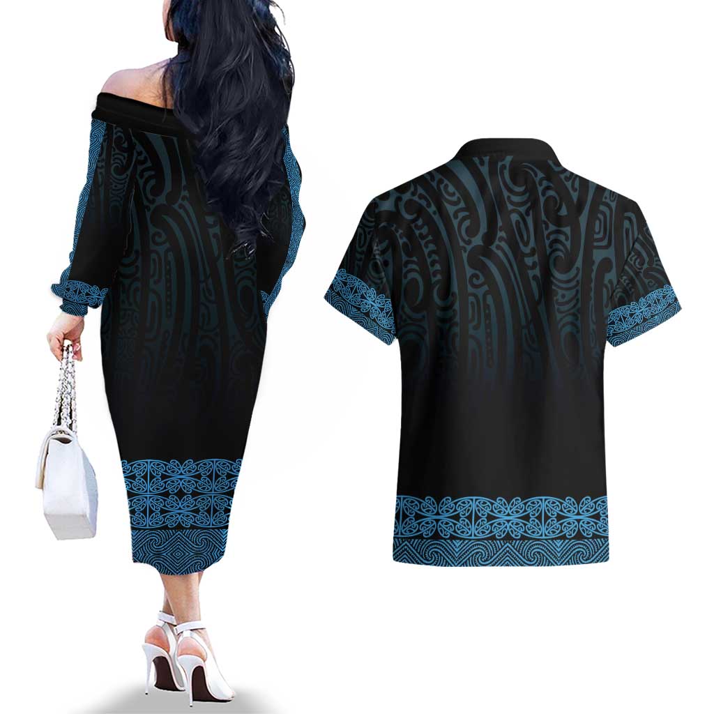 New Zealand Maori Kowhaiwhai Couples Matching Off The Shoulder Long Sleeve Dress and Hawaiian Shirt Kikorangi Maui and Mangopare