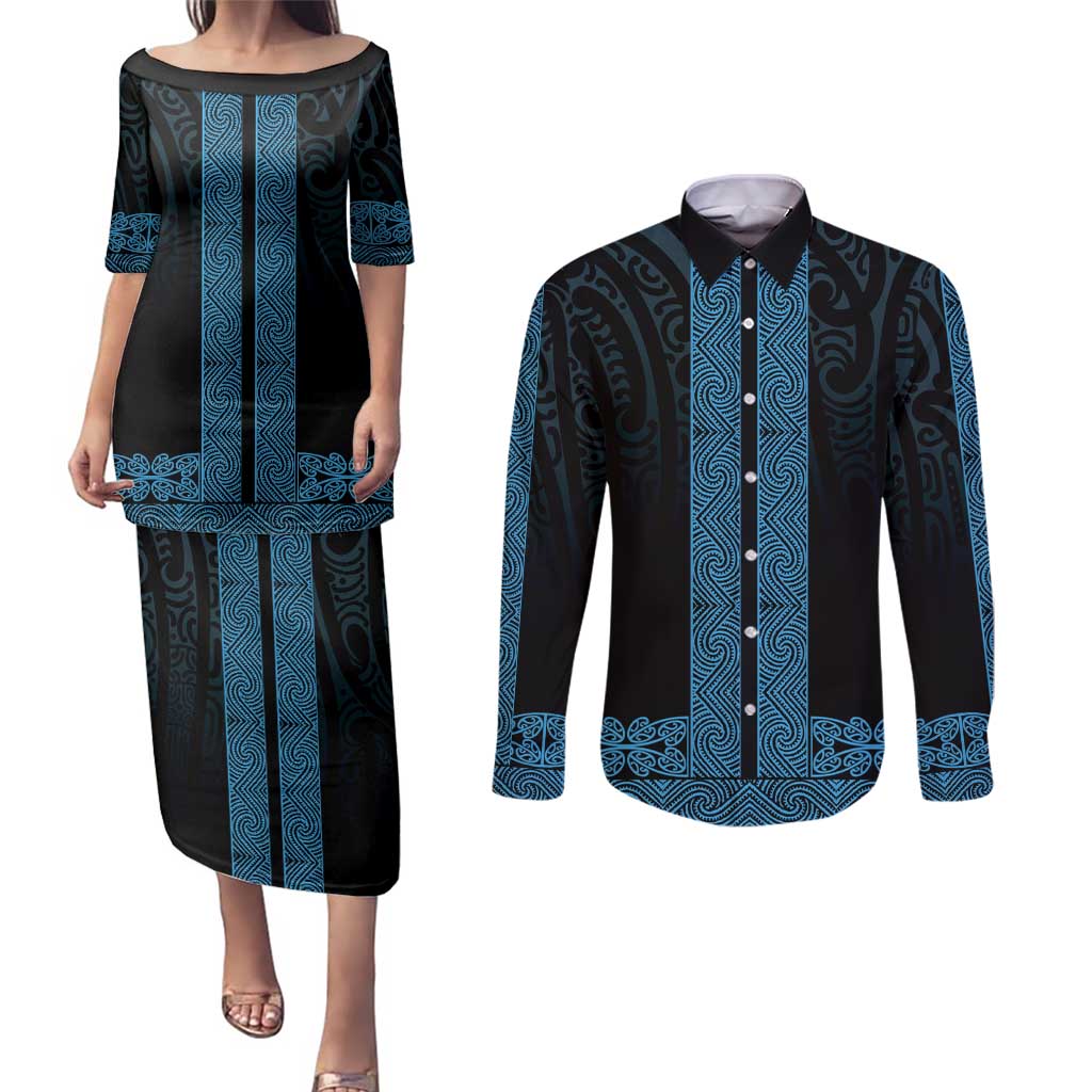 New Zealand Maori Kowhaiwhai Couples Matching Puletasi and Long Sleeve Button Shirt Kikorangi Maui and Mangopare LT9 Blue - Polynesian Pride