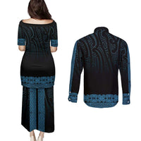 New Zealand Maori Kowhaiwhai Couples Matching Puletasi and Long Sleeve Button Shirt Kikorangi Maui and Mangopare LT9 - Polynesian Pride
