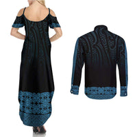New Zealand Maori Kowhaiwhai Couples Matching Summer Maxi Dress and Long Sleeve Button Shirt Kikorangi Maui and Mangopare LT9 - Polynesian Pride