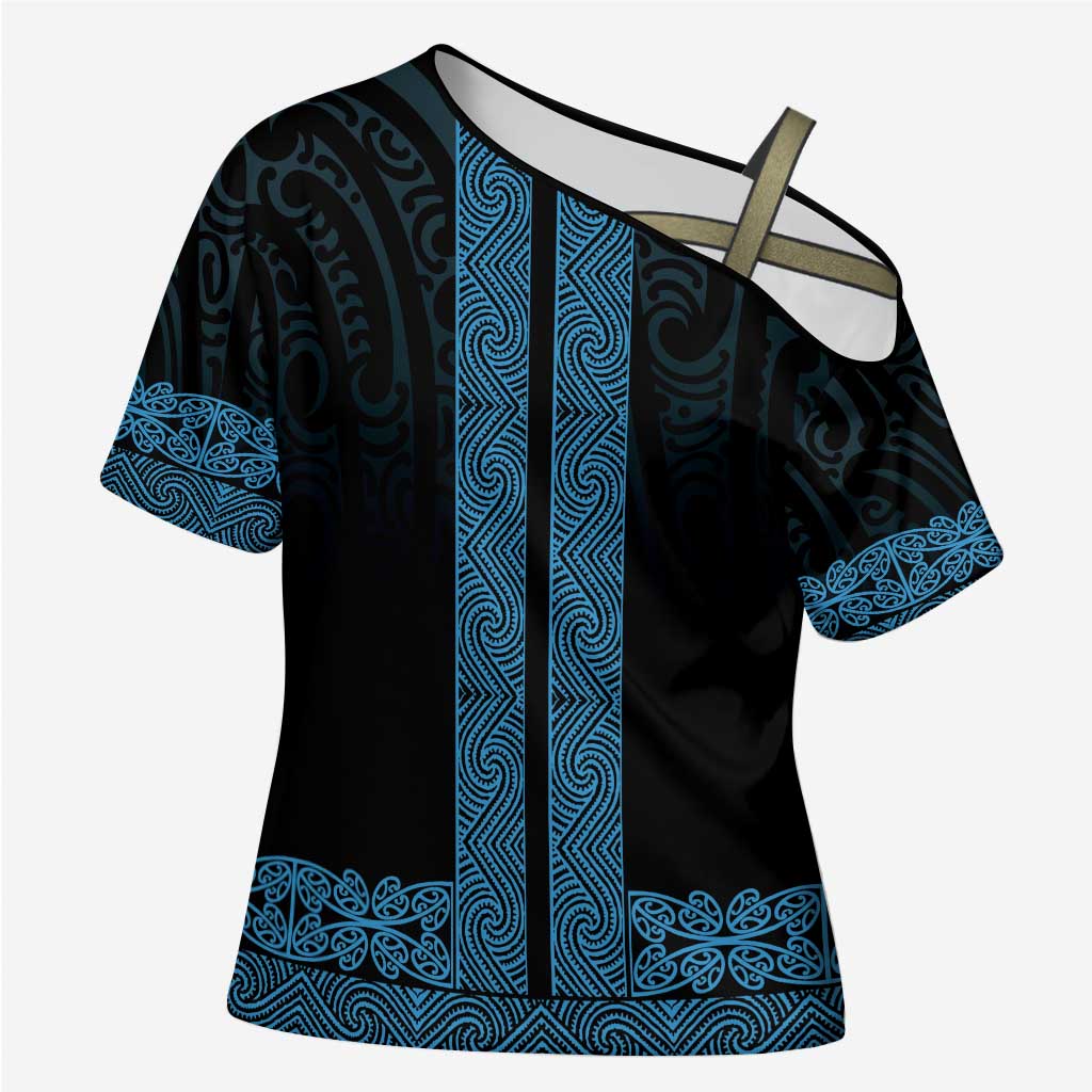 New Zealand Maori Kowhaiwhai Cross Shoulder Shirt Kikorangi Maui and Mangopare - Polynesian Pride