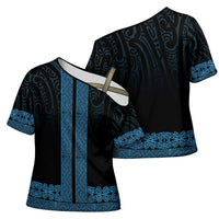 New Zealand Maori Kowhaiwhai Cross Shoulder Shirt Kikorangi Maui and Mangopare - Polynesian Pride