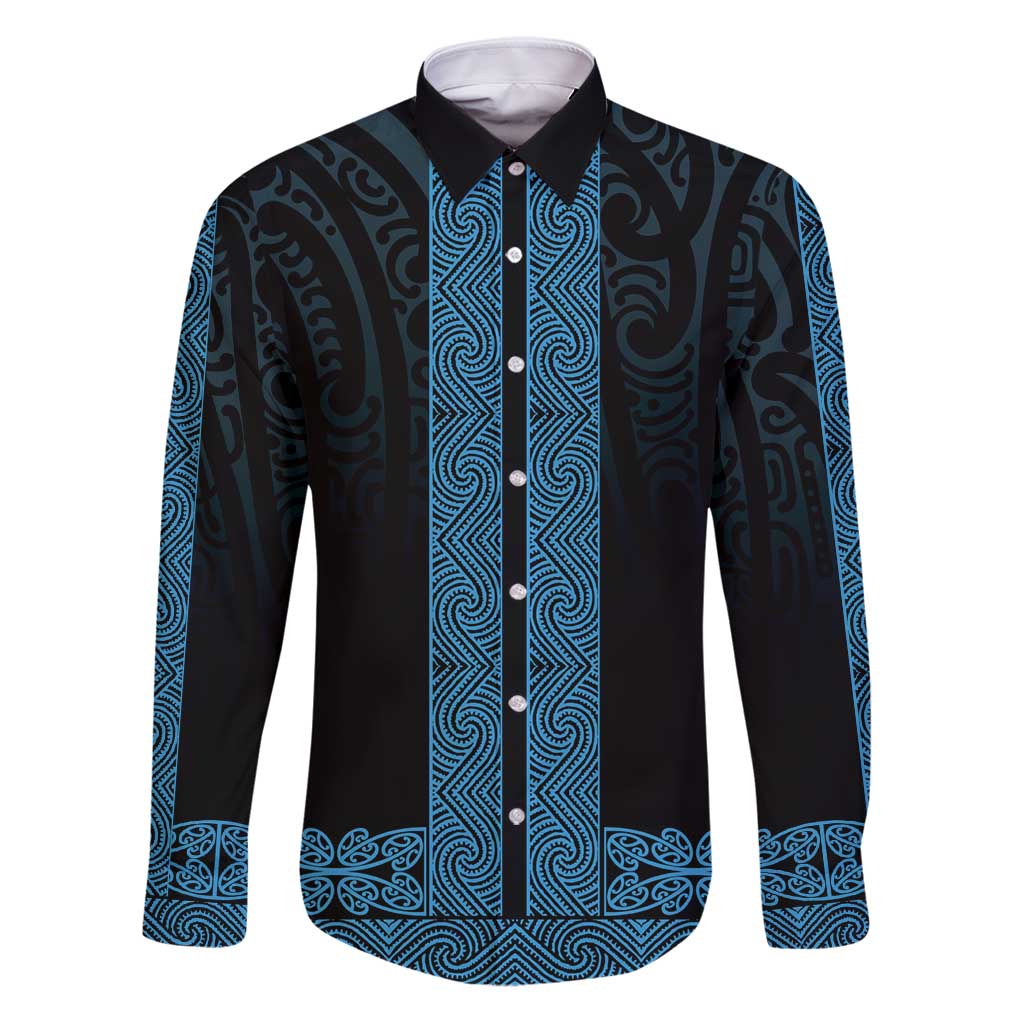 New Zealand Maori Kowhaiwhai Family Matching Puletasi and Hawaiian Shirt Kikorangi Maui and Mangopare LT9 Dad's Shirt - Long Sleeve Blue - Polynesian Pride