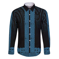 New Zealand Maori Kowhaiwhai Family Matching Puletasi and Hawaiian Shirt Kikorangi Maui and Mangopare LT9 Dad's Shirt - Long Sleeve Blue - Polynesian Pride