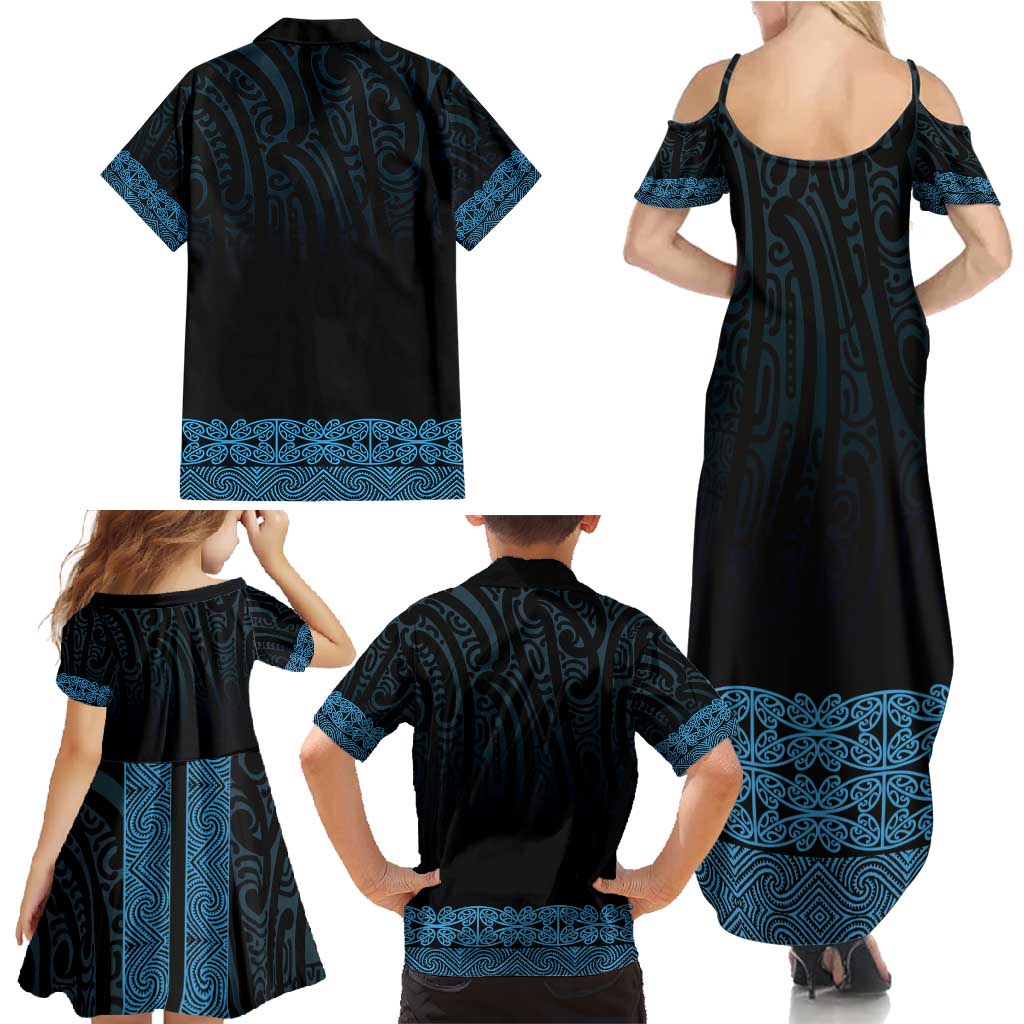 New Zealand Maori Kowhaiwhai Family Matching Summer Maxi Dress and Hawaiian Shirt Kikorangi Maui and Mangopare