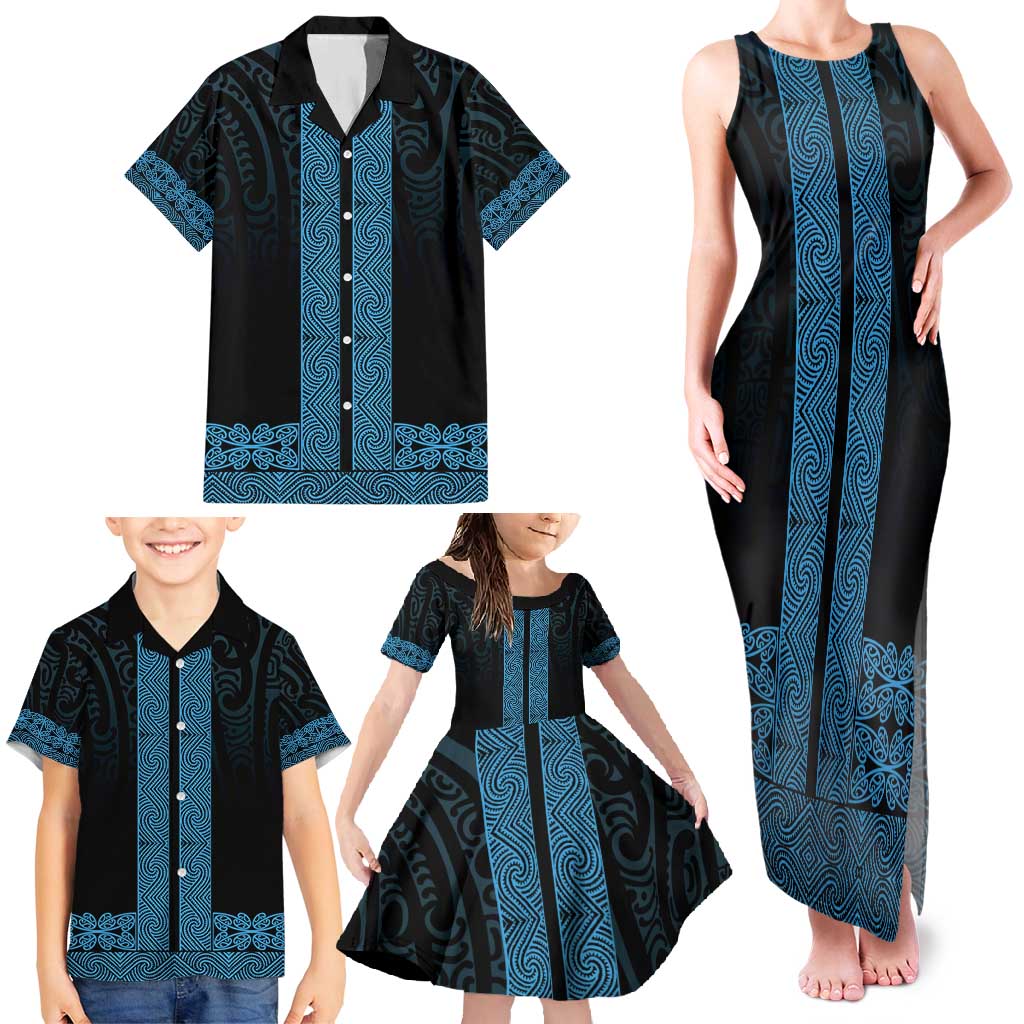 New Zealand Maori Kowhaiwhai Family Matching Tank Maxi Dress and Hawaiian Shirt Kikorangi Maui and Mangopare
