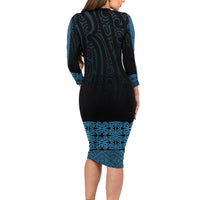 New Zealand Maori Kowhaiwhai Long Sleeve Bodycon Dress Kikorangi Maui and Mangopare