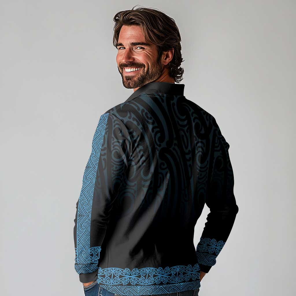New Zealand Maori Kowhaiwhai Long Sleeve Polo Shirt Kikorangi Maui and Mangopare