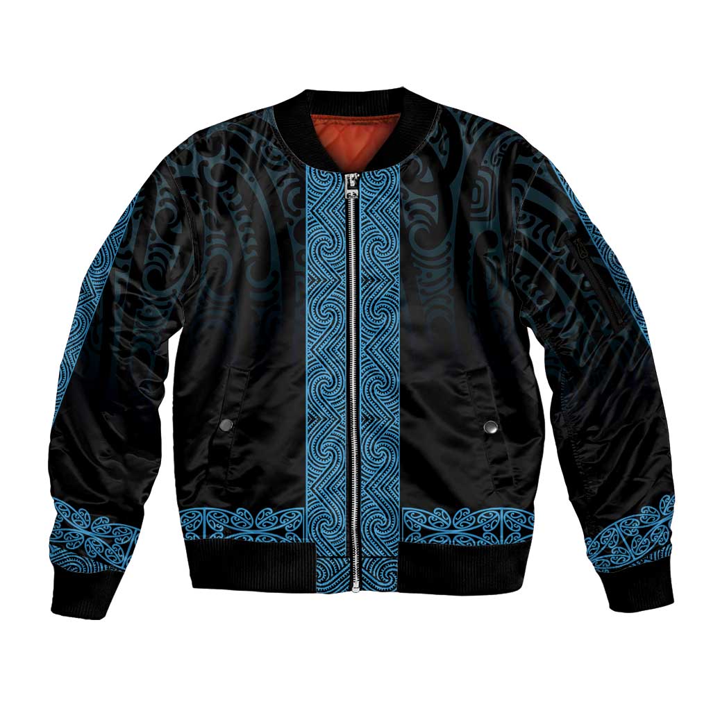 New Zealand Maori Kowhaiwhai Sleeve Zip Bomber Jacket Kikorangi Maui and Mangopare LT9 Unisex Blue - Polynesian Pride