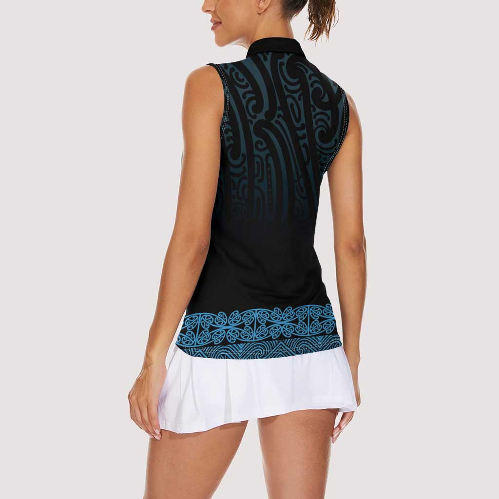 New Zealand Maori Kowhaiwhai Women Sleeveless Polo Shirt Kikorangi Maui and Mangopare