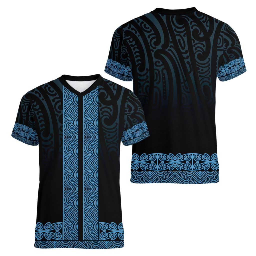 New Zealand Maori Kowhaiwhai Women V-Neck T-Shirt Kikorangi Maui and Mangopare LT9 - Polynesian Pride