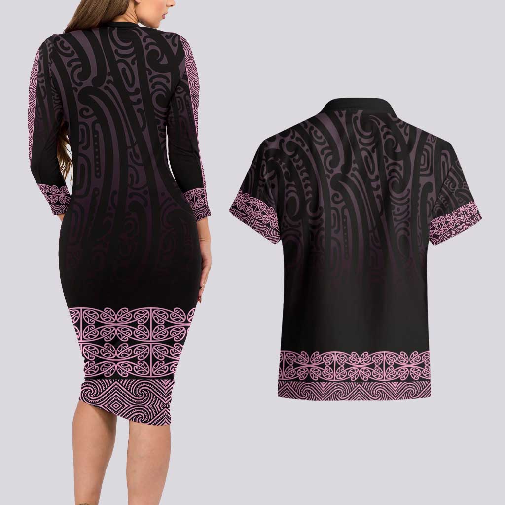 New Zealand Maori Kowhaiwhai Couples Matching Long Sleeve Bodycon Dress and Hawaiian Shirt Mawhero Maui and Mangopare
