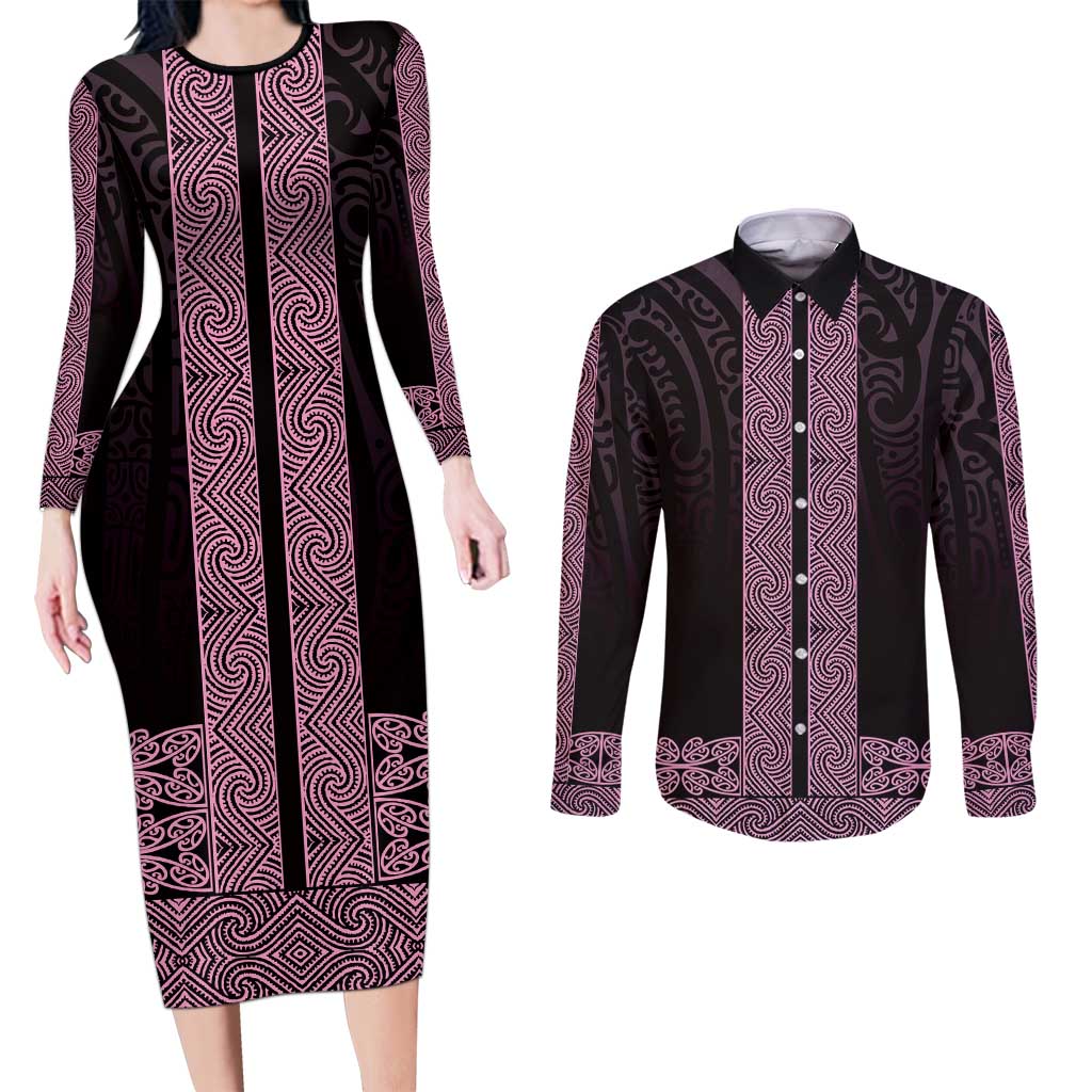 New Zealand Maori Kowhaiwhai Couples Matching Long Sleeve Bodycon Dress and Long Sleeve Button Shirt Mawhero Maui and Mangopare LT9 Pink - Polynesian Pride