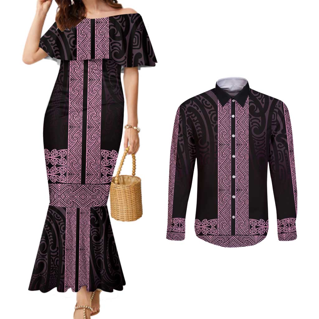New Zealand Maori Kowhaiwhai Couples Matching Mermaid Dress and Long Sleeve Button Shirt Mawhero Maui and Mangopare LT9 Pink - Polynesian Pride