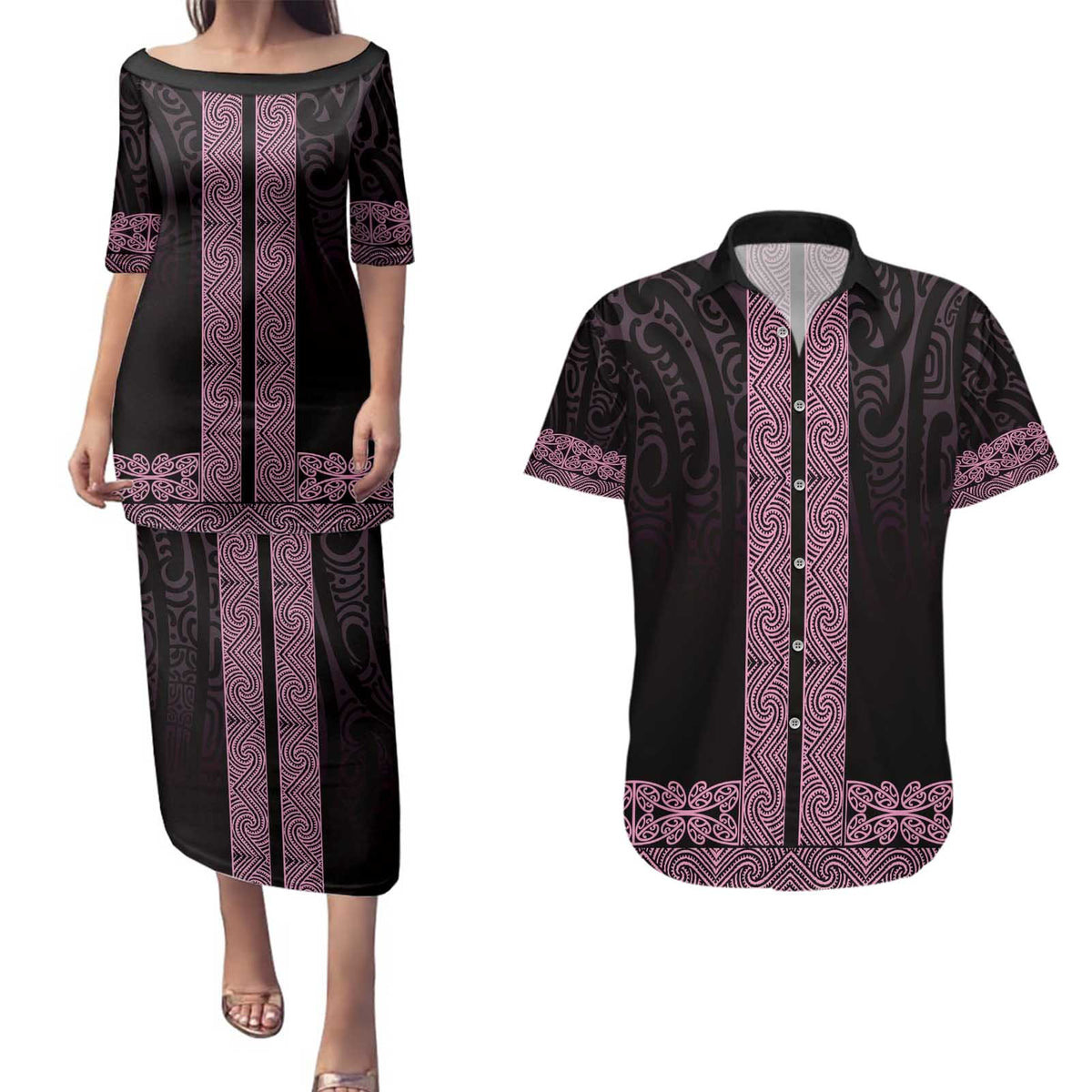 New Zealand Maori Kowhaiwhai Couples Matching Puletasi and Hawaiian Shirt Mawhero Maui and Mangopare LT9 Pink - Polynesian Pride