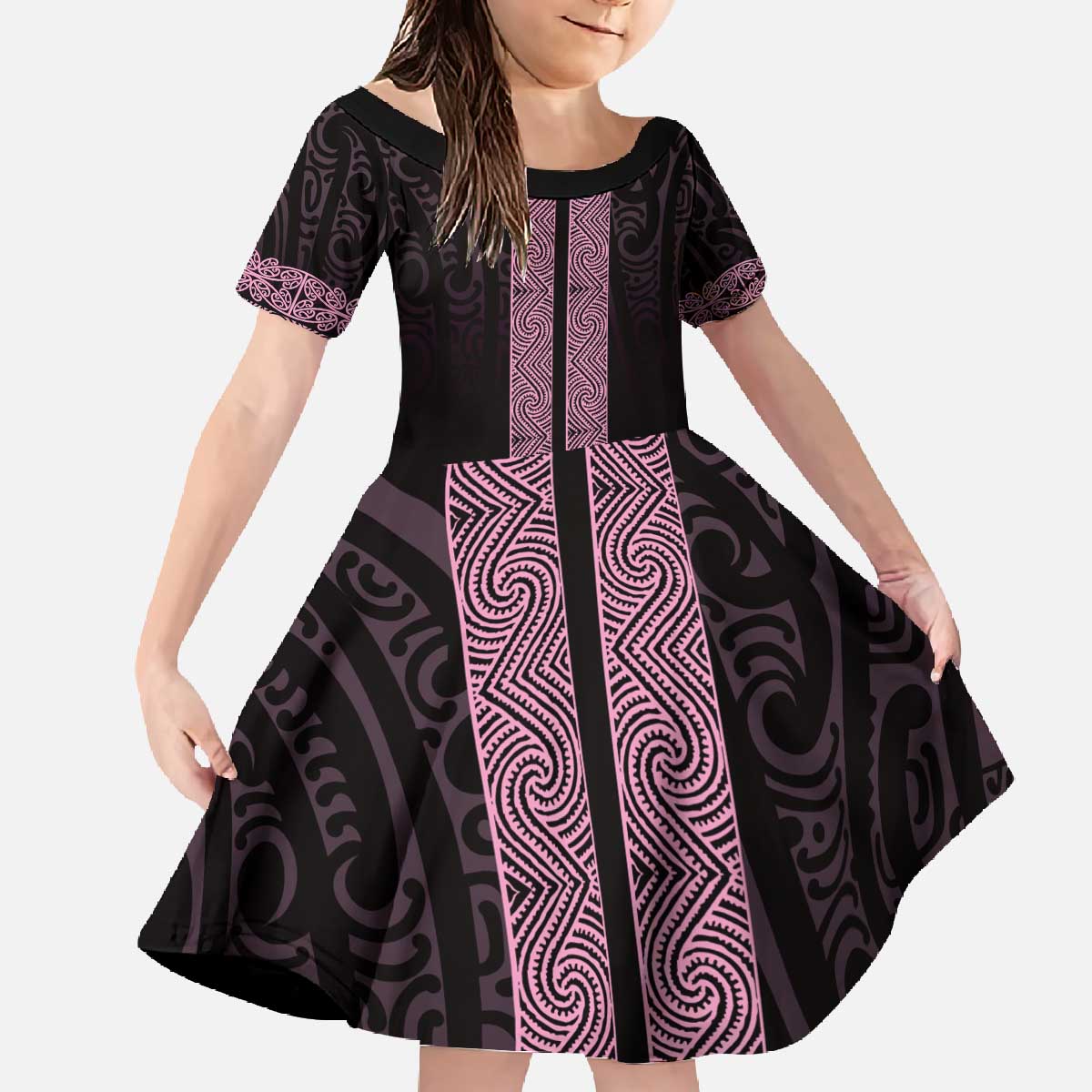 New Zealand Maori Kowhaiwhai Family Matching Off The Shoulder Long Sleeve Dress and Hawaiian Shirt Mawhero Maui and Mangopare