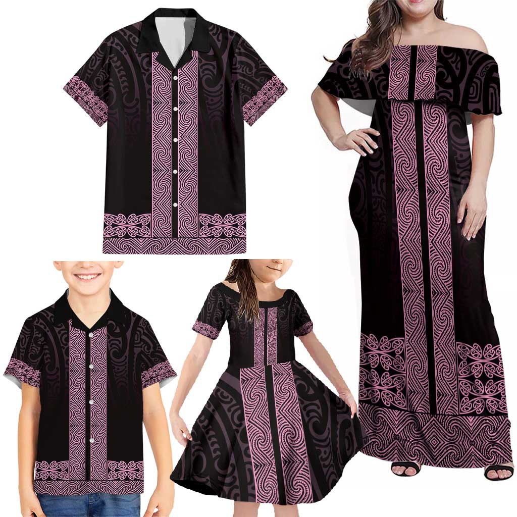New Zealand Maori Kowhaiwhai Family Matching Off Shoulder Maxi Dress and Hawaiian Shirt Mawhero Maui and Mangopare