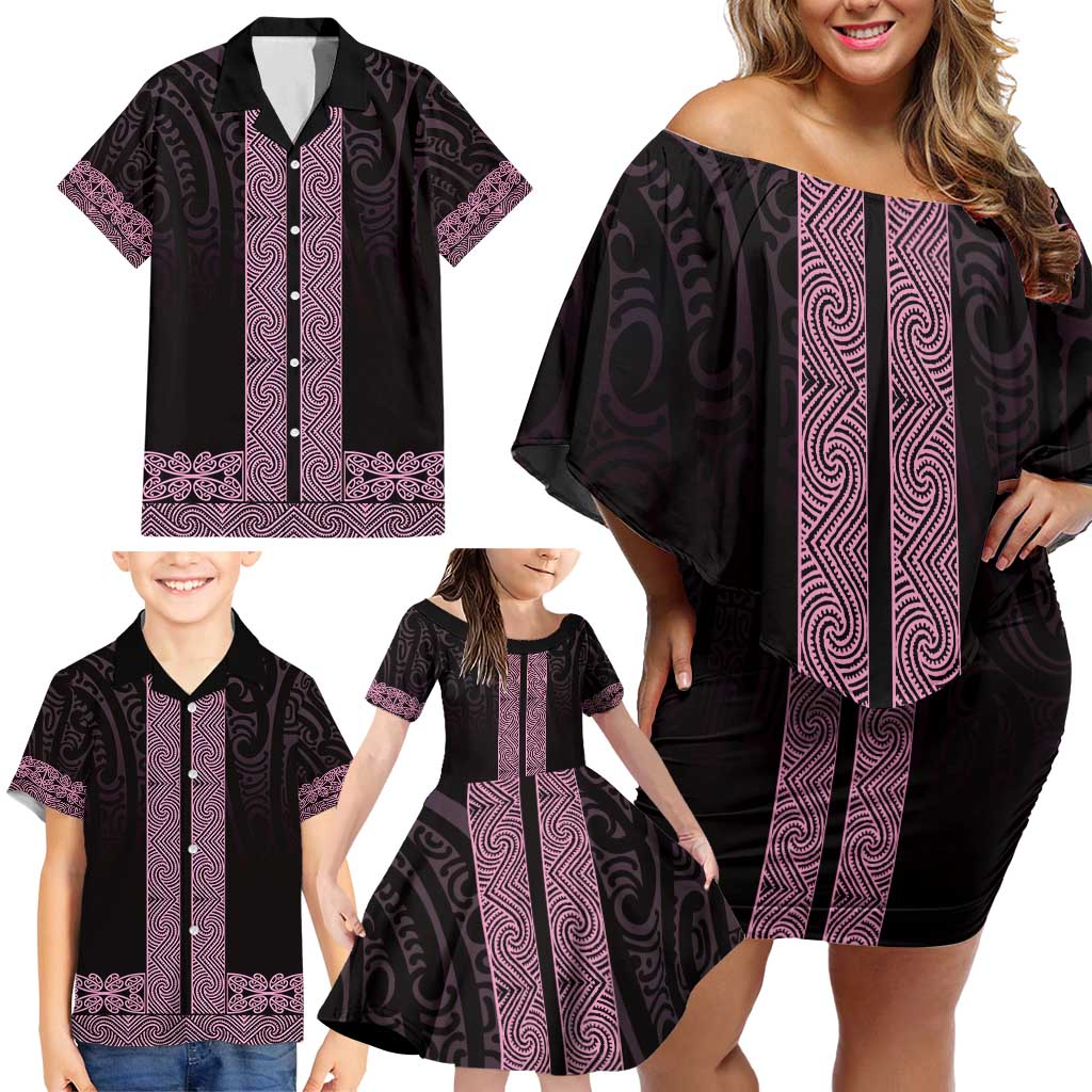 New Zealand Maori Kowhaiwhai Family Matching Off Shoulder Short Dress and Hawaiian Shirt Mawhero Maui and Mangopare