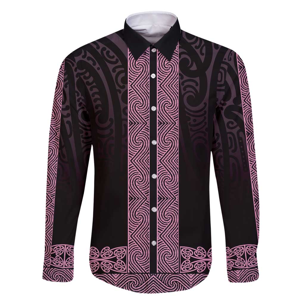 New Zealand Maori Kowhaiwhai Family Matching Puletasi and Hawaiian Shirt Mawhero Maui and Mangopare LT9 Dad's Shirt - Long Sleeve Pink - Polynesian Pride