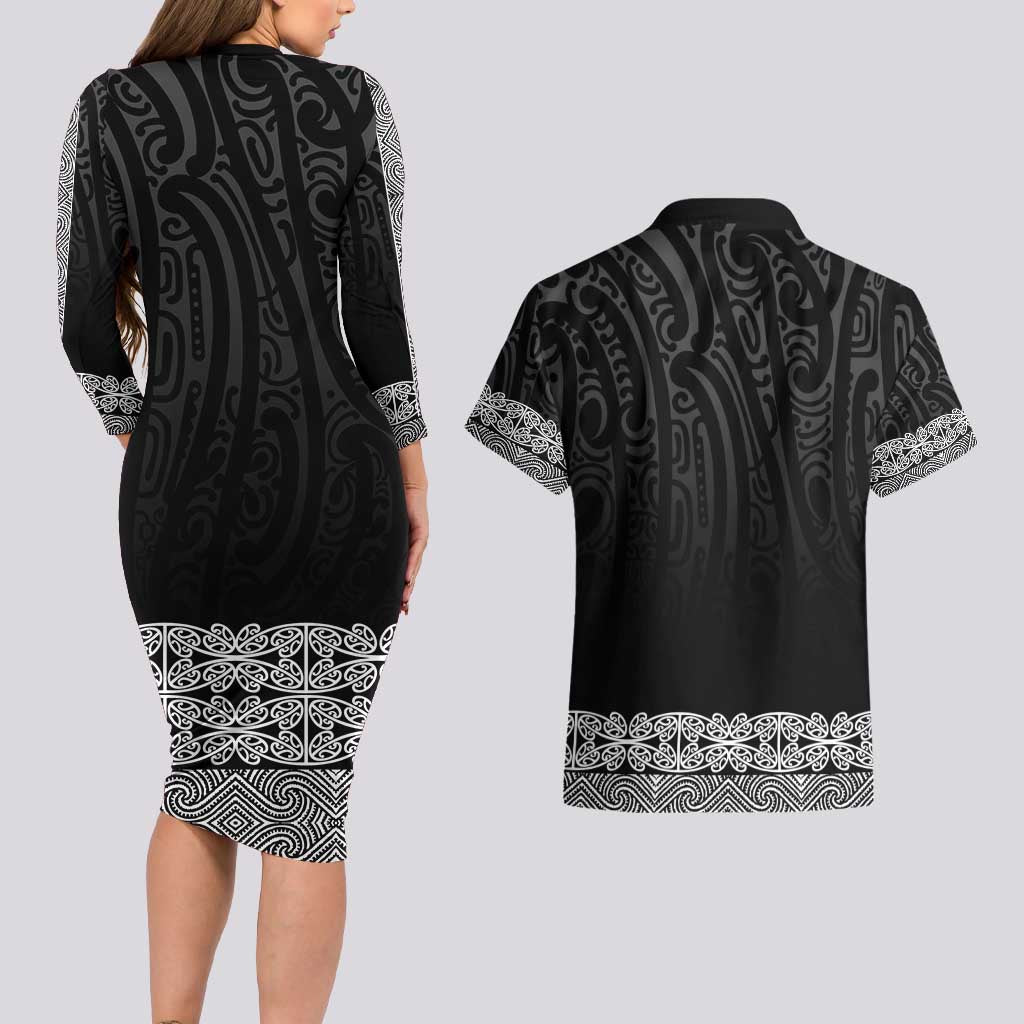 New Zealand Maori Kowhaiwhai Couples Matching Long Sleeve Bodycon Dress and Hawaiian Shirt Pango Maui and Mangopare