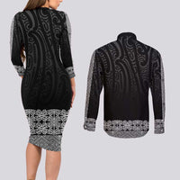 New Zealand Maori Kowhaiwhai Couples Matching Long Sleeve Bodycon Dress and Long Sleeve Button Shirt Pango Maui and Mangopare LT9 - Polynesian Pride