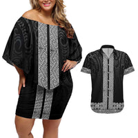 New Zealand Maori Kowhaiwhai Couples Matching Off Shoulder Short Dress and Hawaiian Shirt Pango Maui and Mangopare