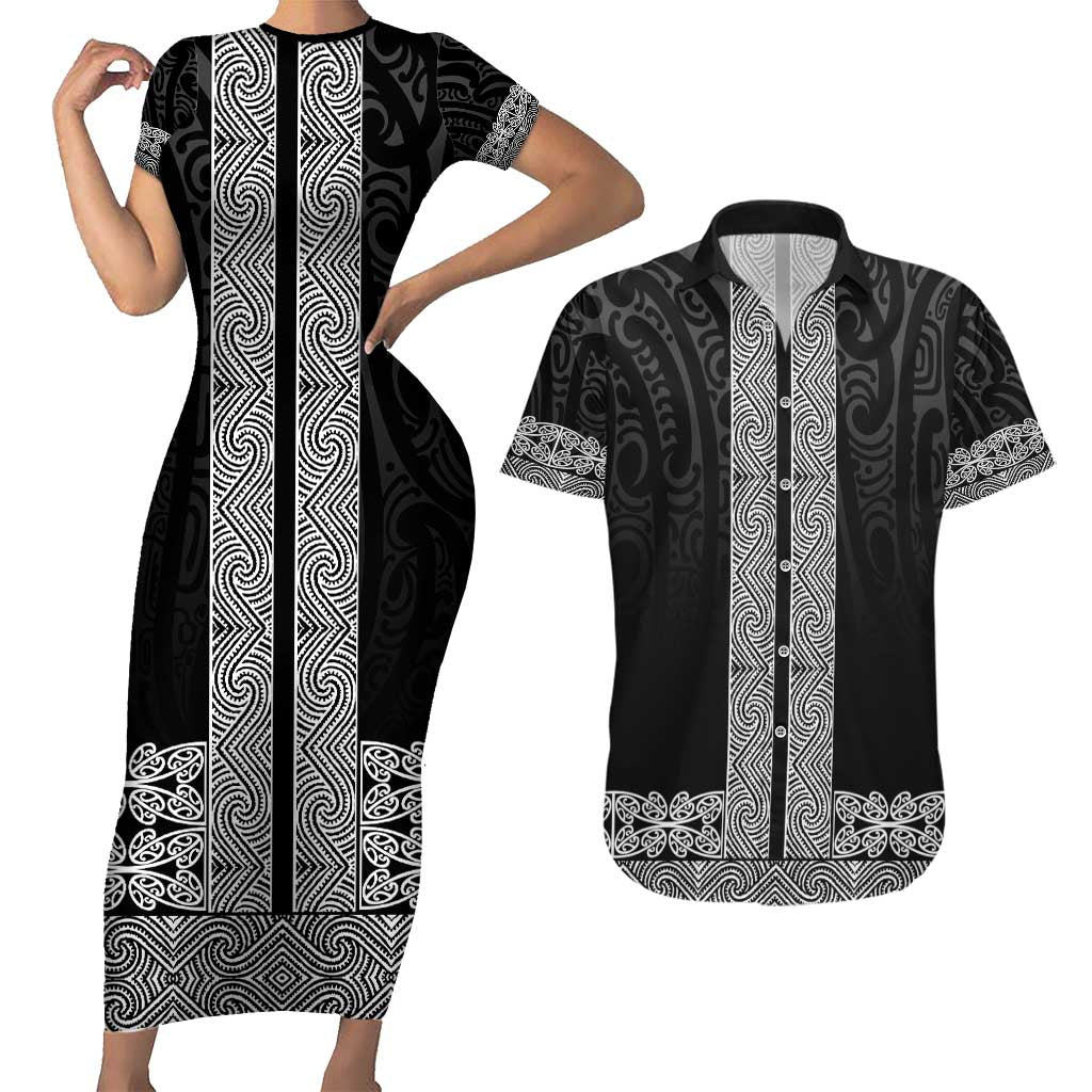 New Zealand Maori Kowhaiwhai Couples Matching Short Sleeve Bodycon Dress and Hawaiian Shirt Pango Maui and Mangopare
