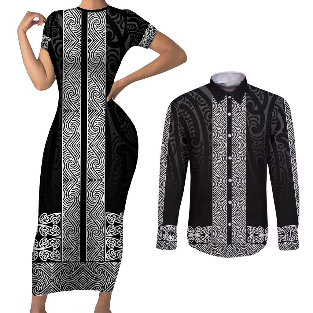 New Zealand Maori Kowhaiwhai Couples Matching Short Sleeve Bodycon Dress and Long Sleeve Button Shirt Pango Maui and Mangopare LT9 Black - Polynesian Pride