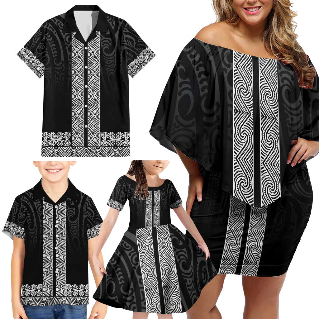 New Zealand Maori Kowhaiwhai Family Matching Off Shoulder Short Dress and Hawaiian Shirt Pango Maui and Mangopare