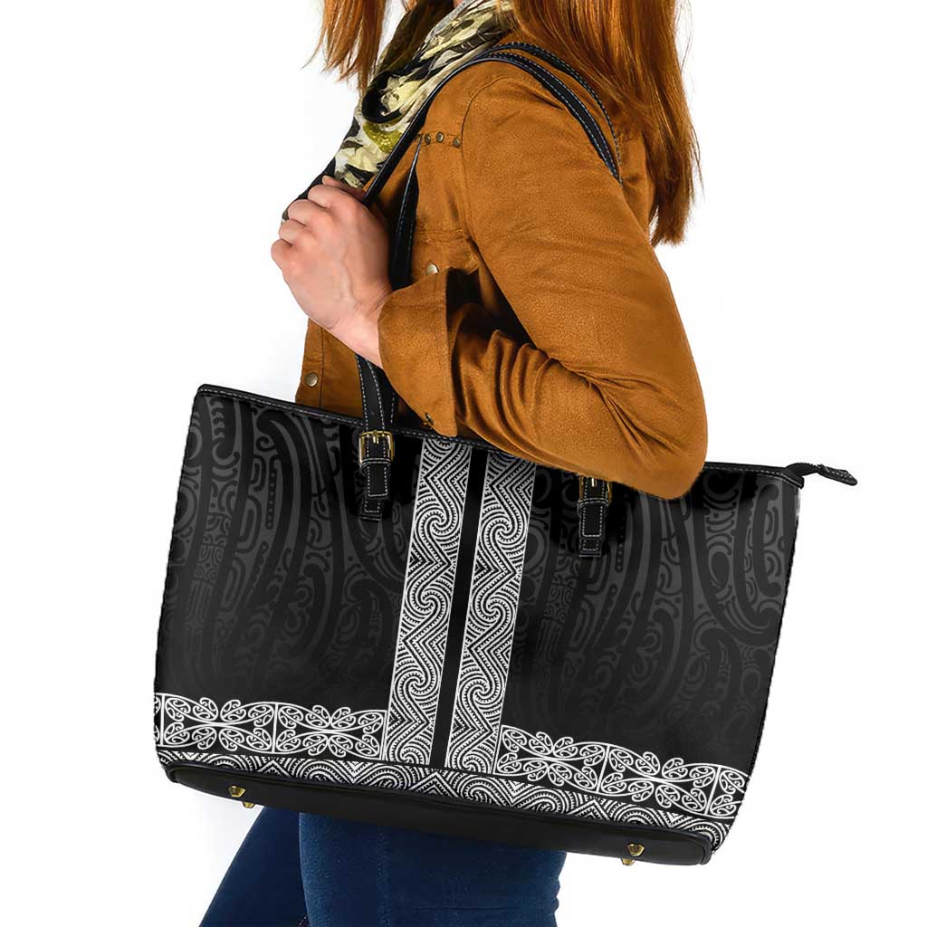 New Zealand Maori Kowhaiwhai Leather Tote Bag Pango Maui and Mangopare LT9 Black - Polynesian Pride
